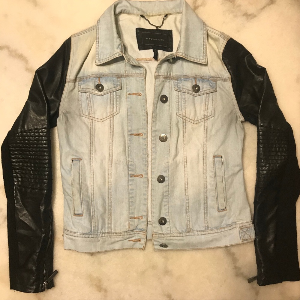 BCBG Nikki Faux Leather Sleeve Denim Jacket